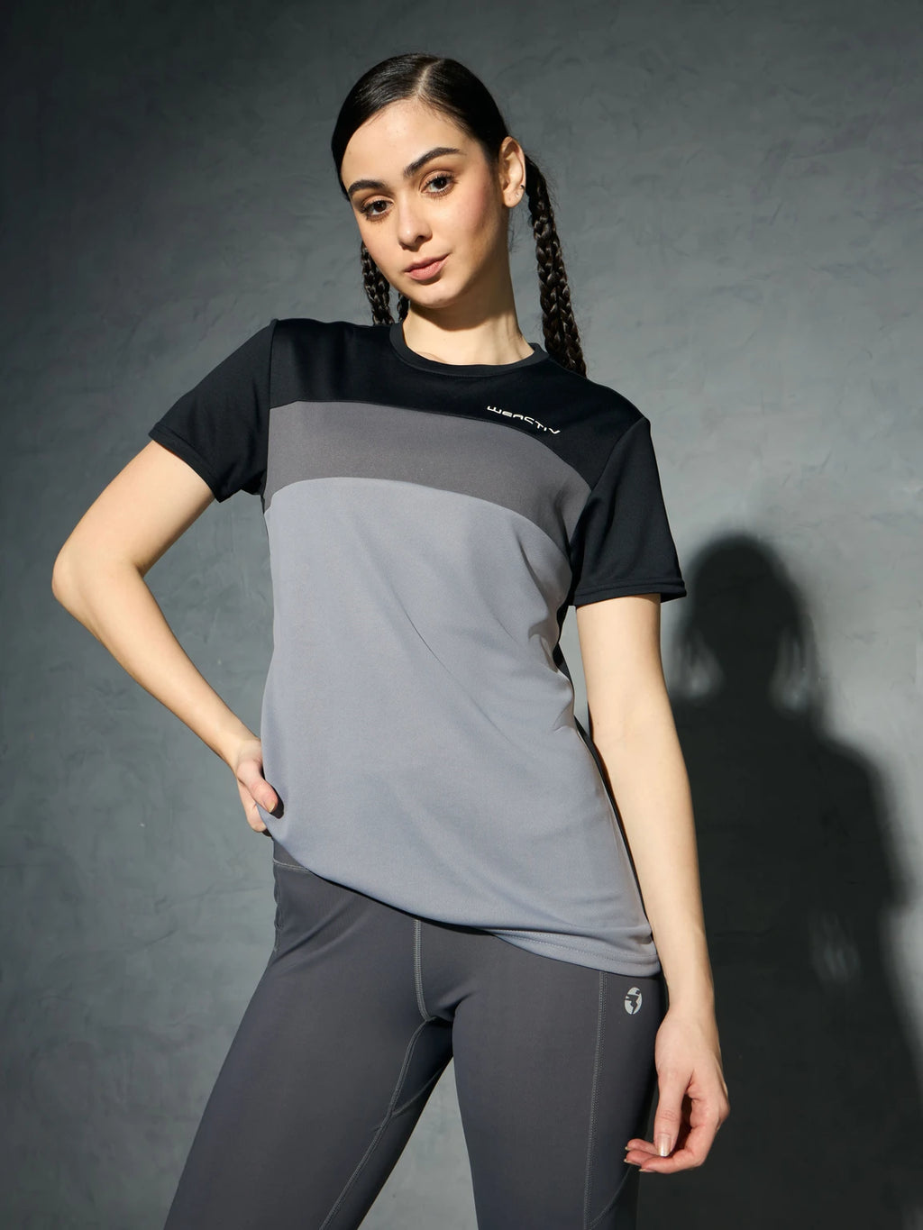 Women Color block Crew Neck Polyester Grey T-Shirt