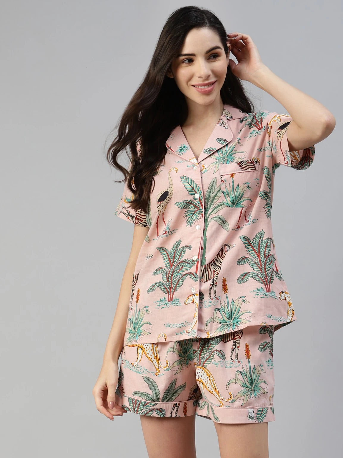 Women Night Suit Set Pink Floral Print