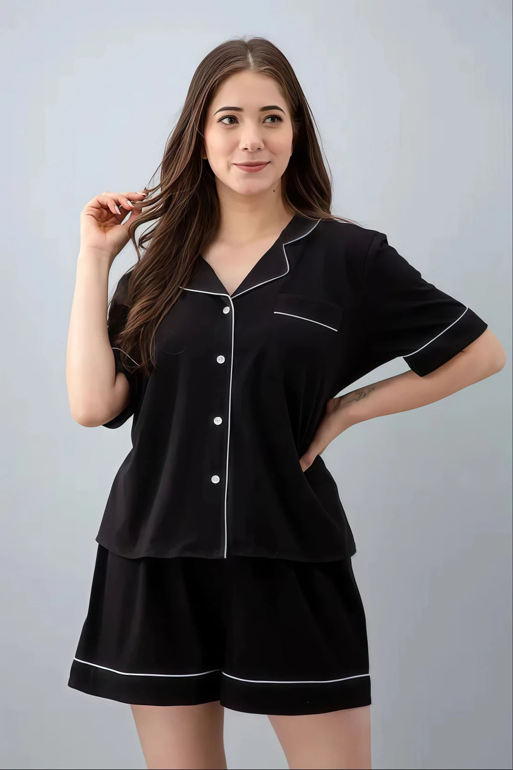 Women Top & Shorts Set Black Solid