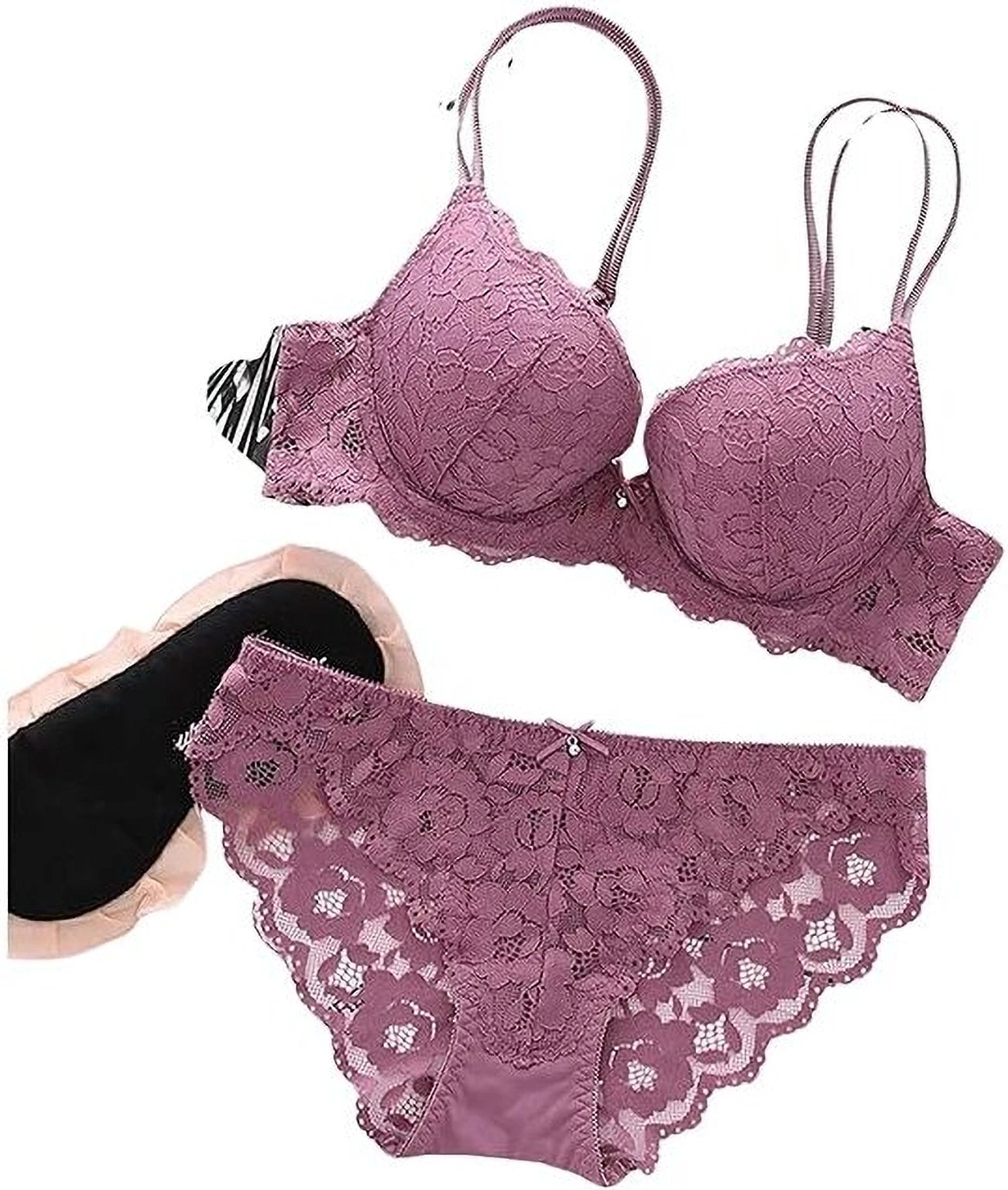Bra & Panty Set Self Design Purple Lingerie Set