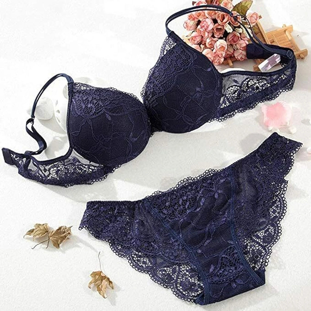 Bra & Panty Set Self Design Navy Color Lingerie Set