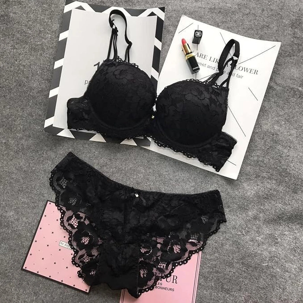 Bra & Panty Set Self Design Black Lingerie Set