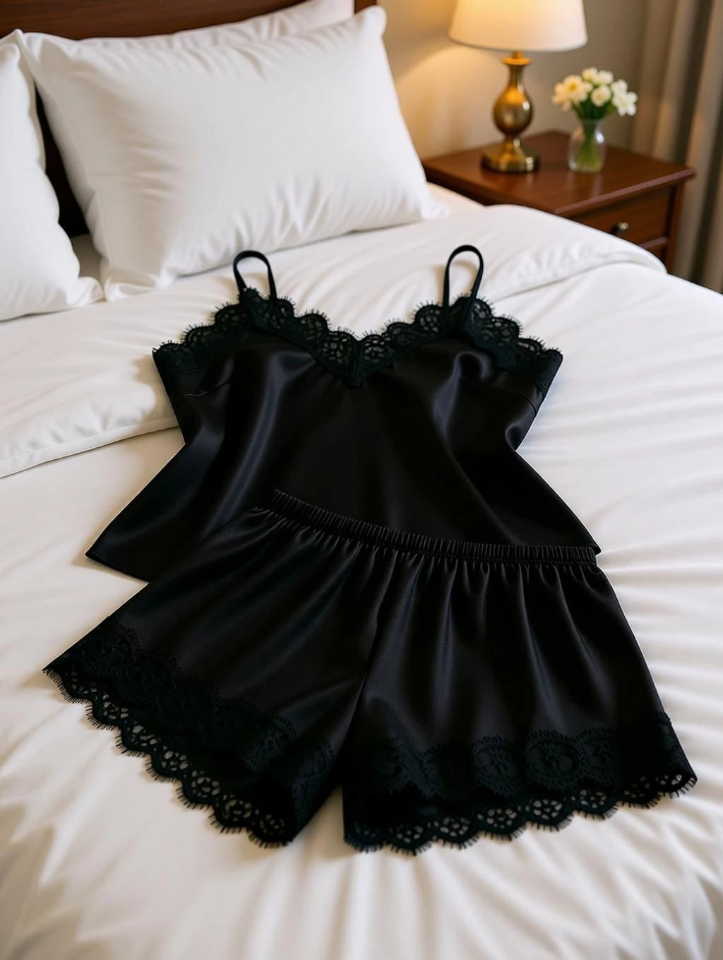 Women Top & Shorts Set Black Self Design