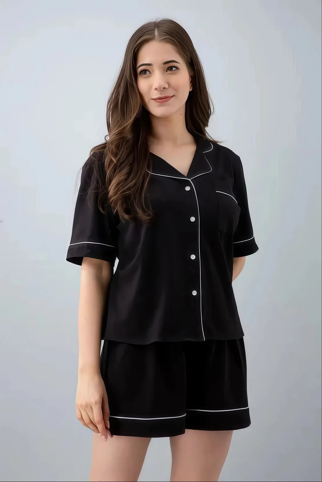 Women Top & Shorts Set Black Solid