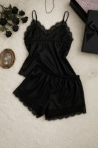 Women Top & Shorts Set Black Self Design