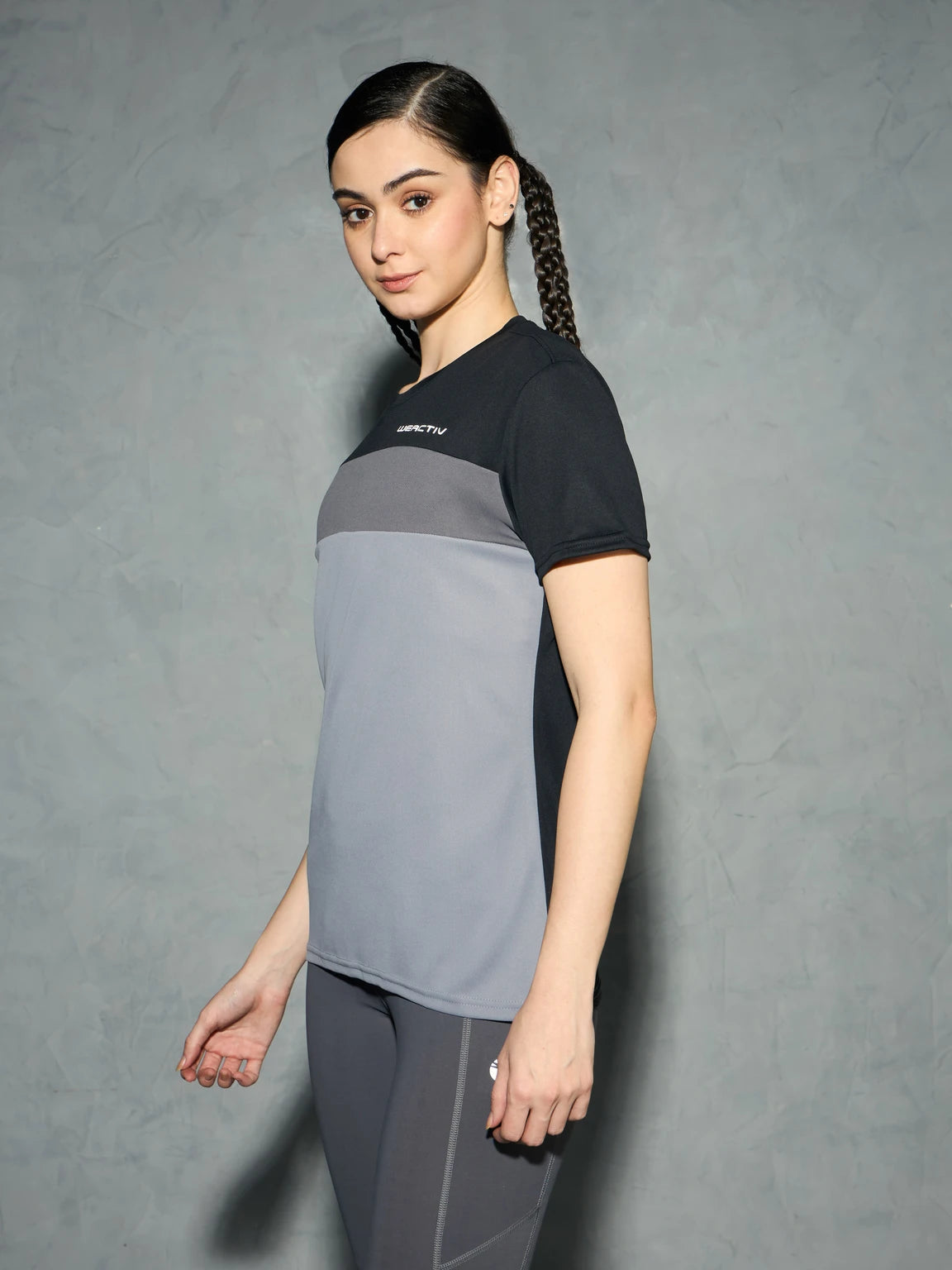 Women Color block Crew Neck Polyester Grey T-Shirt