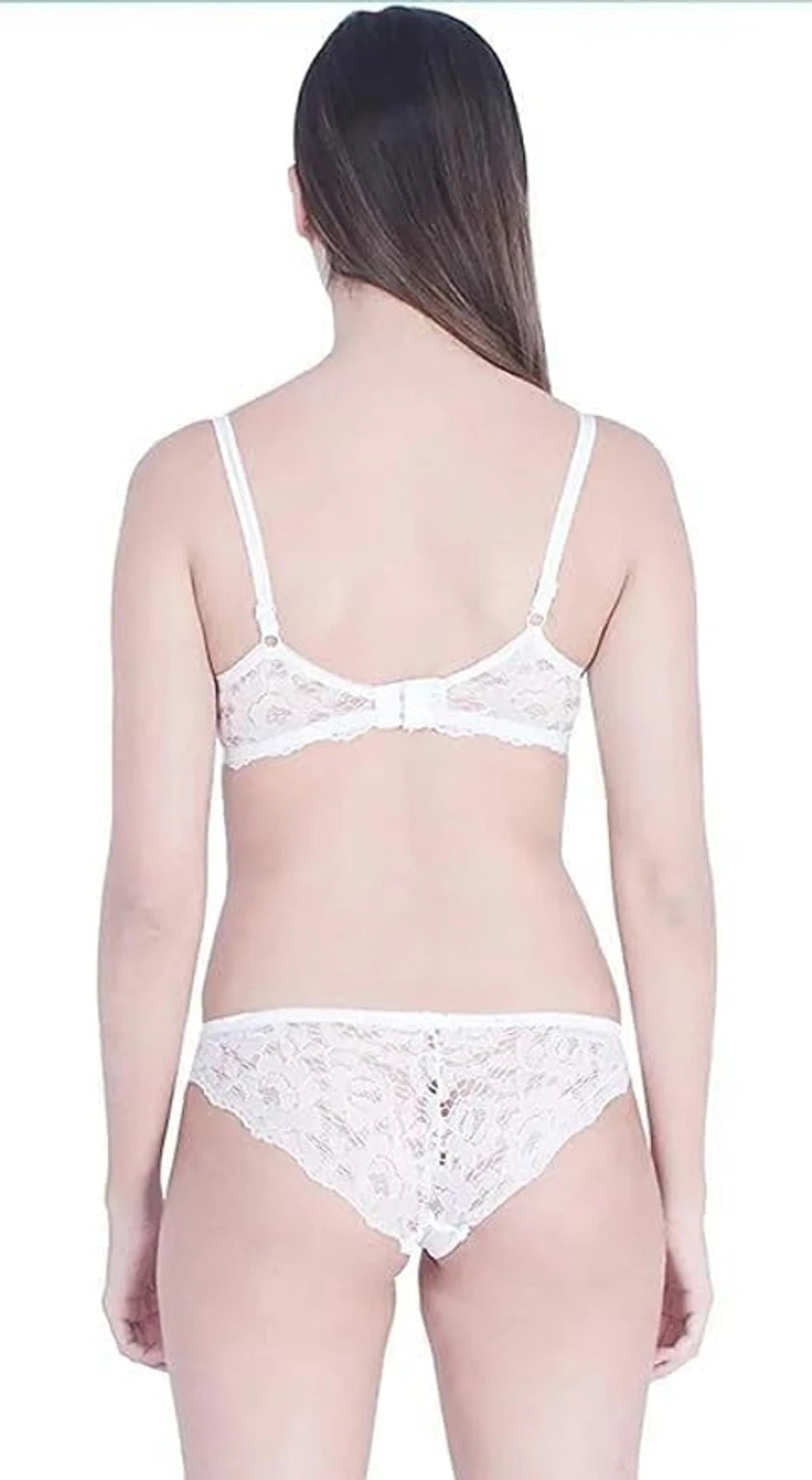 Bra & Panty Set Self Design White Color Lingerie Set