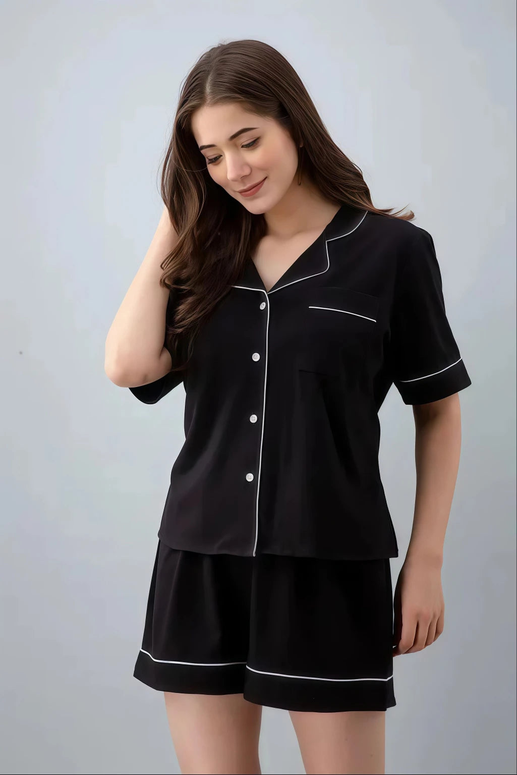 Women Top & Shorts Set Black Solid