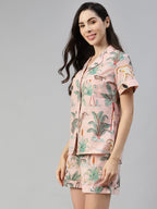 Women Night Suit Set Pink Floral Print