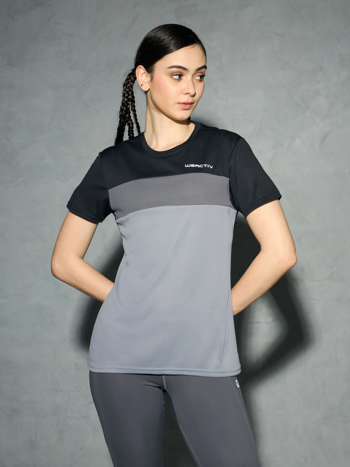 Women Color block Crew Neck Polyester Grey T-Shirt