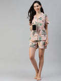 Women Night Suit Set Pink Floral Print