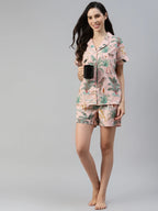 Women Night Suit Set Pink Floral Print